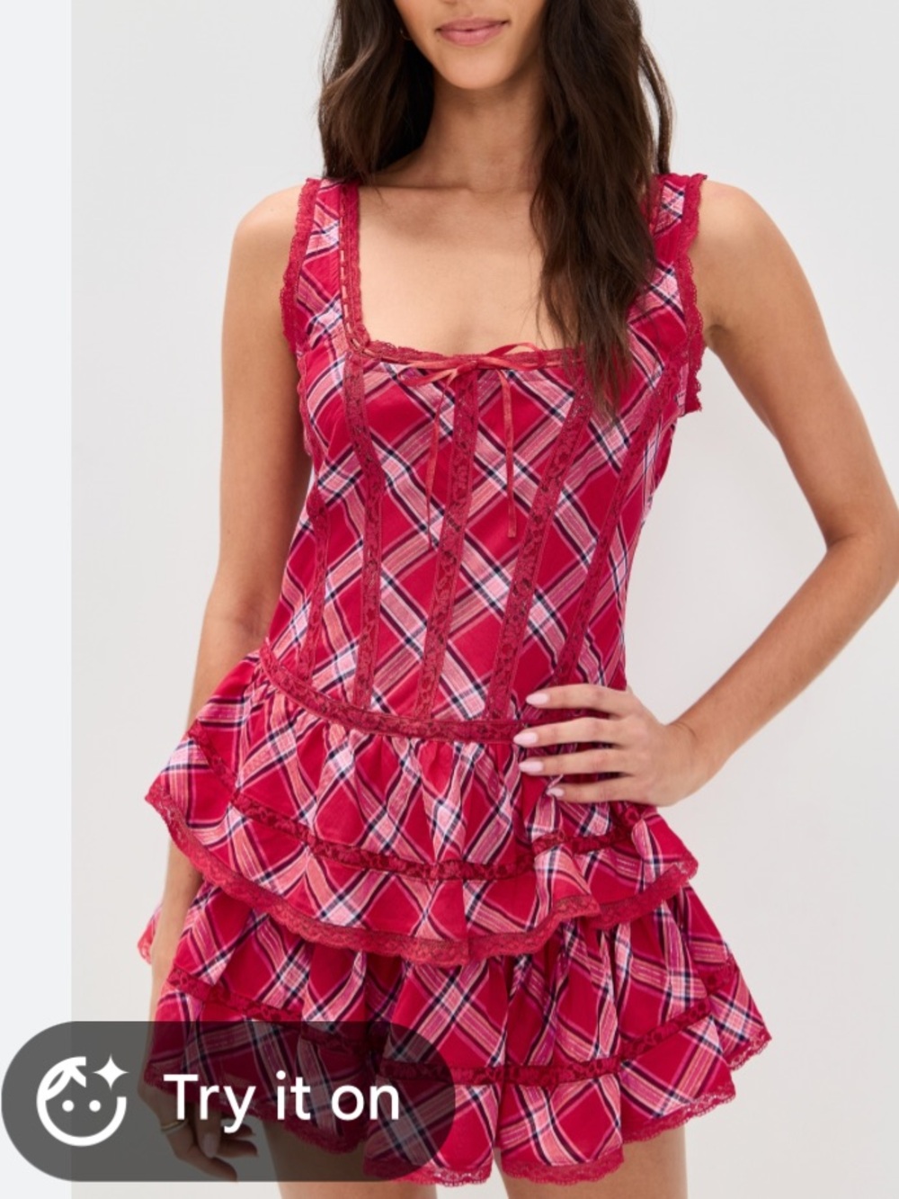 Loveshackfancy Torres plaid red mini lace dress size 2 nwt